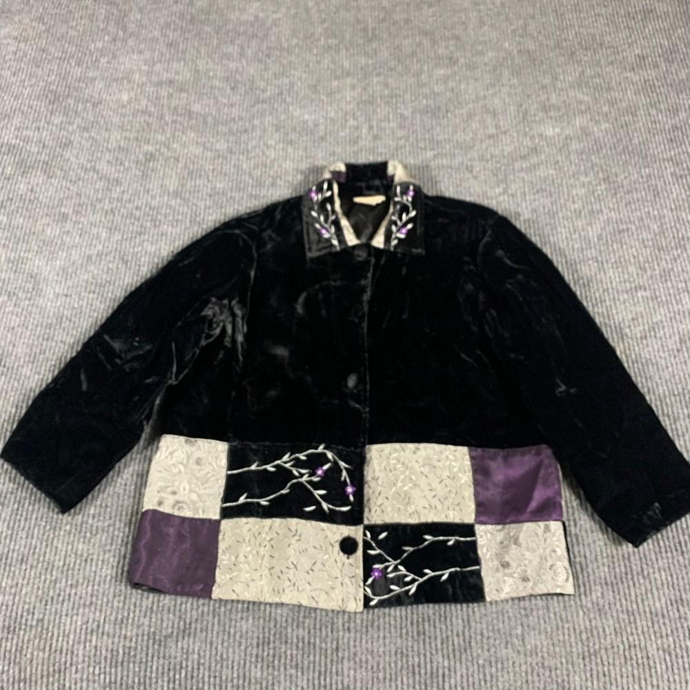 VTG Coldwater Creek Jacket Womens Medium Black Button Front Velour Embroidered
